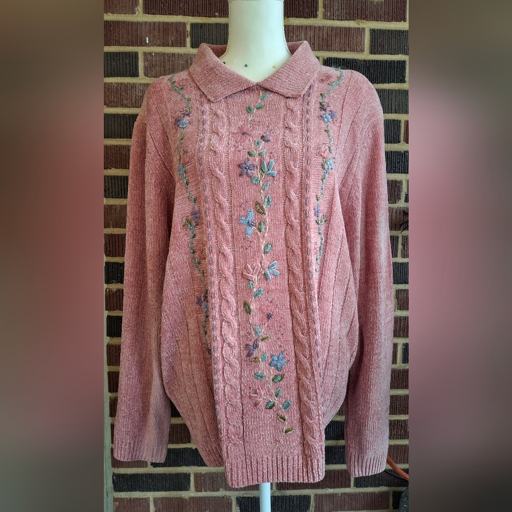 Alfred Dunner Embroidered Pink Sweater